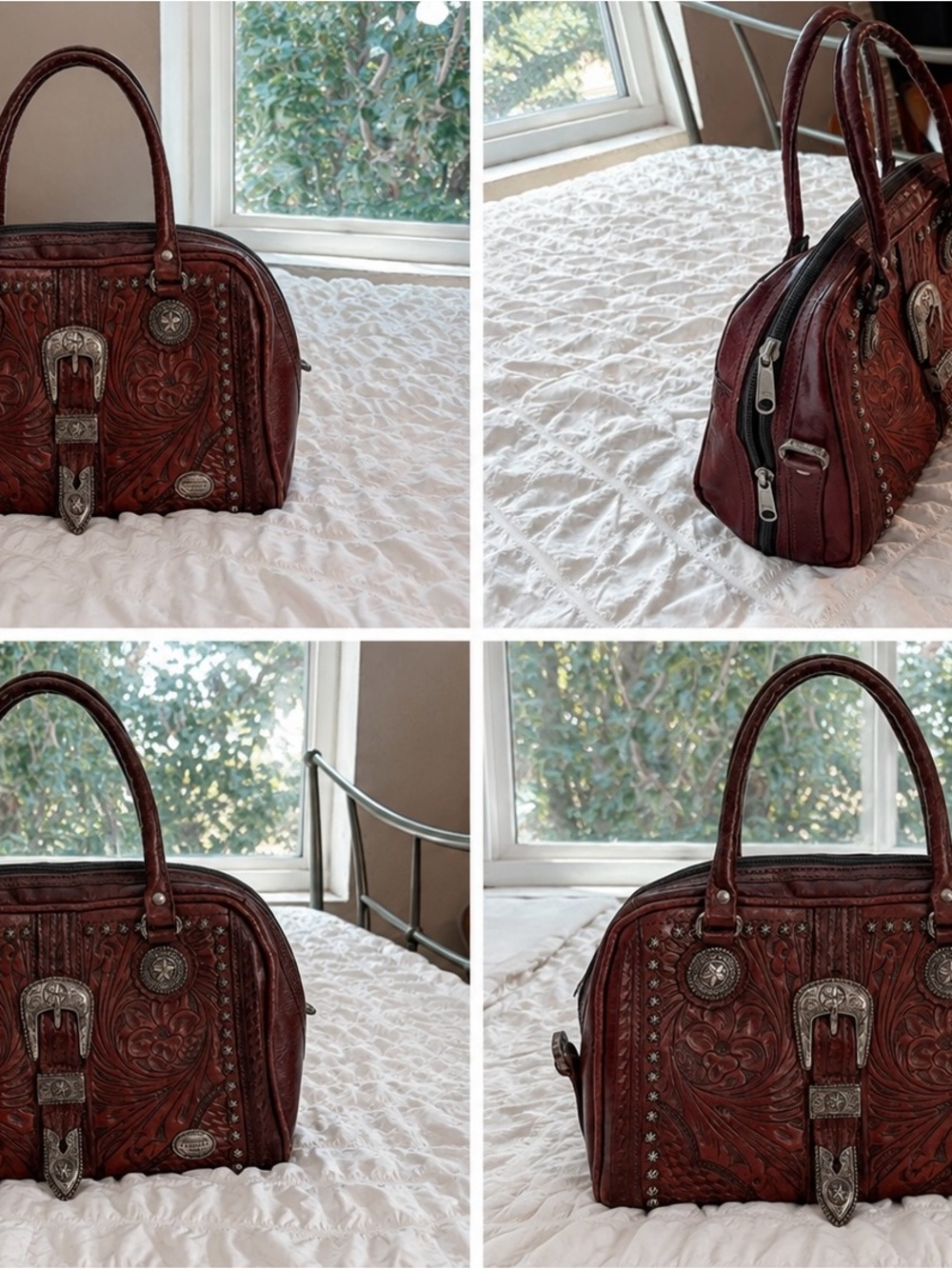 American West Tooled Leather Satchel in Deep Brown with Silver Hardware